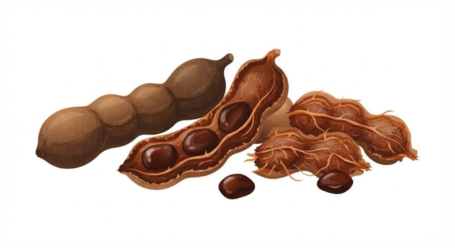 Fresh tamarind fruit pods and seeds displayed on white background