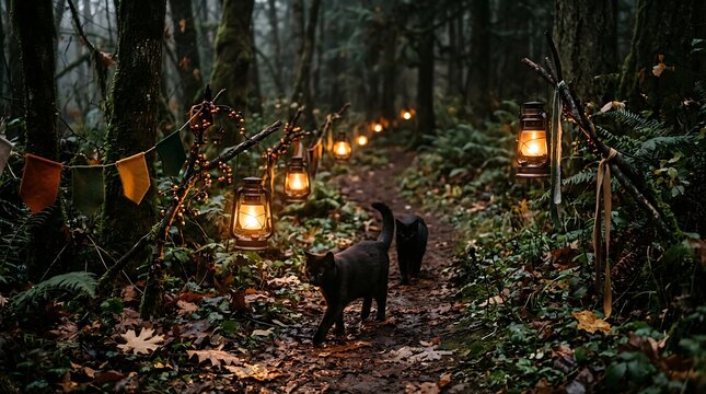 Two black cats walking on a forest path lit by vintage lanterns and string lights.