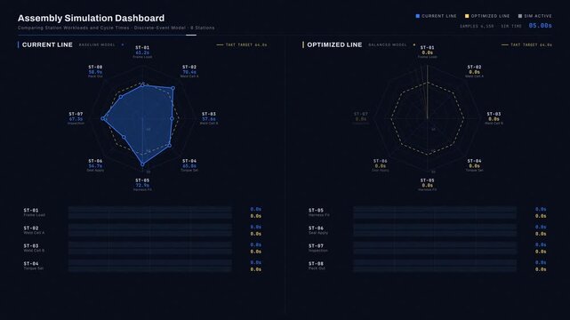 An assembly simulation dashboard showcases a split-screen comparison of station workloads and cycle times with animated charts and metrics in a dark premium design.
