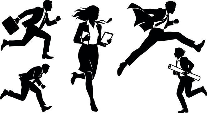 Set of business people silhouettes running and jumping