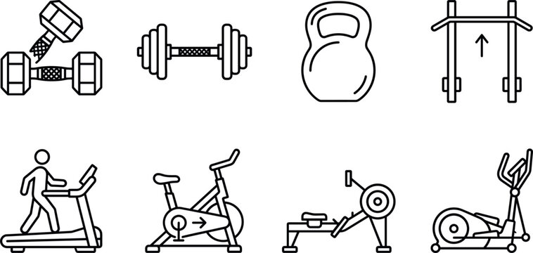 Set of fitness and gym equipment icons including dumbbells, kettlebell, pullup bar, treadmill, stationary bike, rowing machine, and elliptical trainer