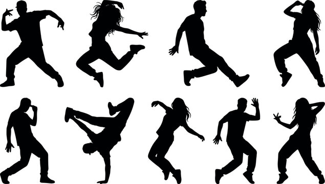 Set of hip hop dancers silhouettes performing various energetic dance moves
