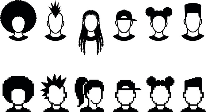 Set of diverse hairstyles and head silhouettes, including afro, mohawk, dreadlocks, cap, space buns, and flat top, vector icons