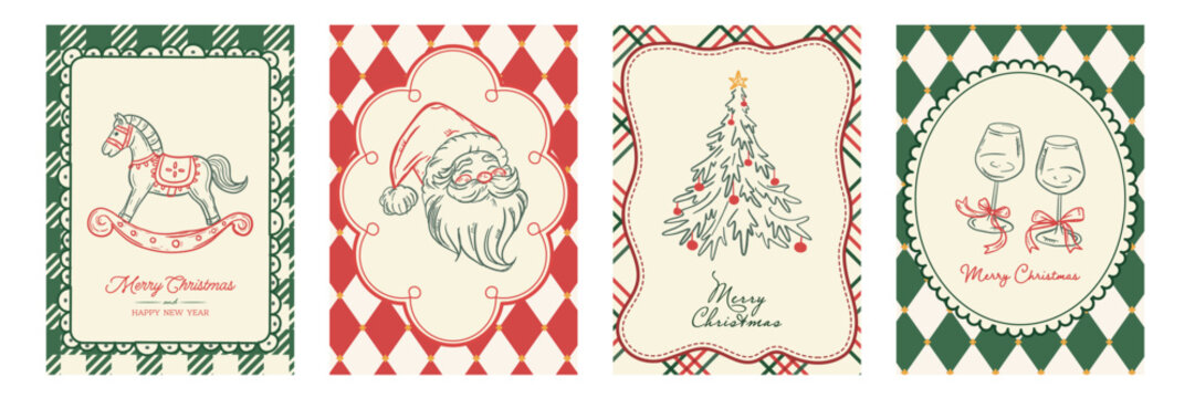 Vintage Christmas greeting card template set. Hand drawn line art. Classic festive vector illustration.