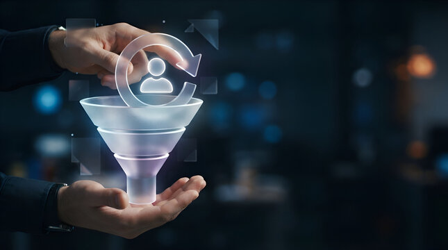Hands holding digital funnel with user icon flowing downward