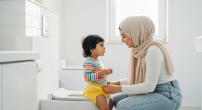A woman in hijab assists a young child sitting on a toilet, symbolizing early childhood development and parenting support.
