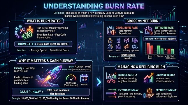 Understanding burn rate infographic, startup financial metrics and cash runway guide, business cash flow management poster