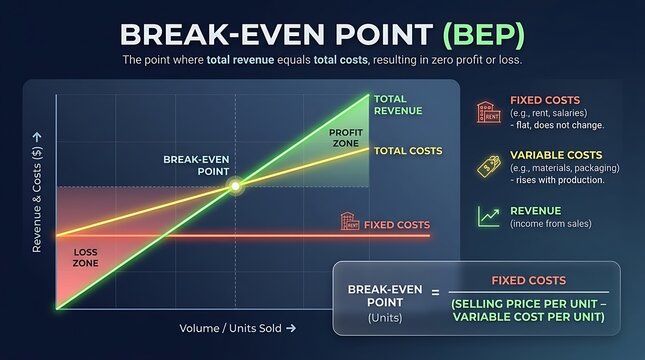 Break-even point business infographic, financial analysis chart with BEP formula, corporate revenue and cost planning diagram