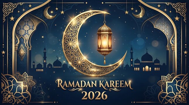 Golden Crescent Moon and Lantern Ramadan Kareem Background