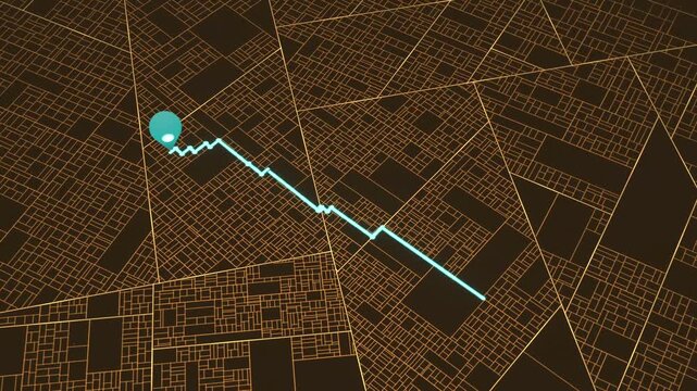 Showing turquoise dot expanding to pin, halo lighting, cyan route linking pins on gold city map