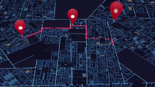Block highlighting, wireframe map placing red markers and drawing neon pink route linking them