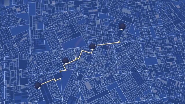 Extending yellow route on cluster outline, connecting pins on blue grid with pulsing white dot