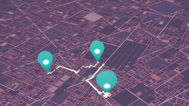 Pulsing circular network highlight revealing teal map markers on neon urban grid, connecting route