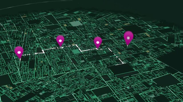 Radar highlighting, navigation marker drawing white route across teal grid, mapping magenta pins