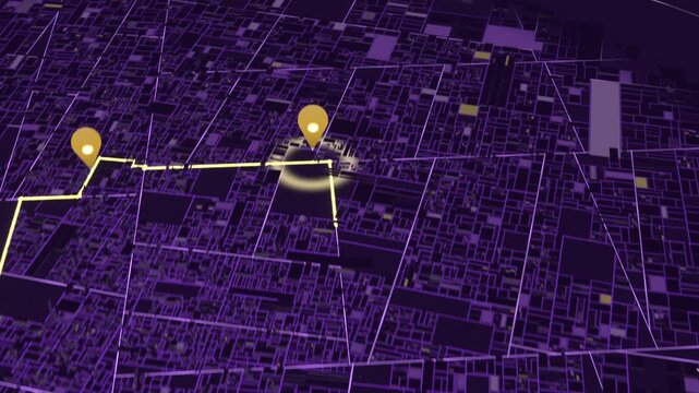 Tracing neon-yellow route golden pins dropping as yellow marker appears for tracking on purple grid