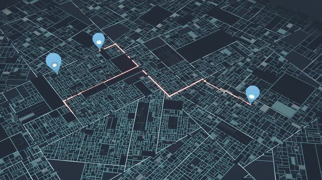 Highlighting cyan map, glowing pink route tracing between blue pins, forming loop on 3D grid
