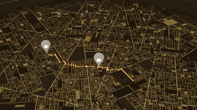Tracing golden route, three pins linking nodes across map, spotlight appearing to reveal path