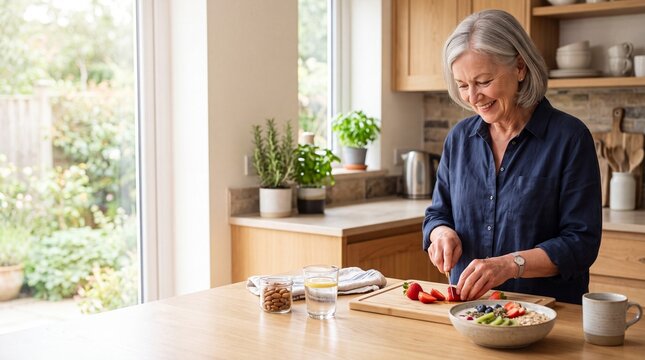 Older woman preparing fresh fruit and a healthy breakfast at home