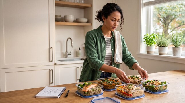 Woman preparing healthy meals in reusable containers in a modern kitchen