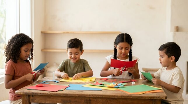 Diverse group of happy children sitting at a wooden table making colorful paper crafts together.