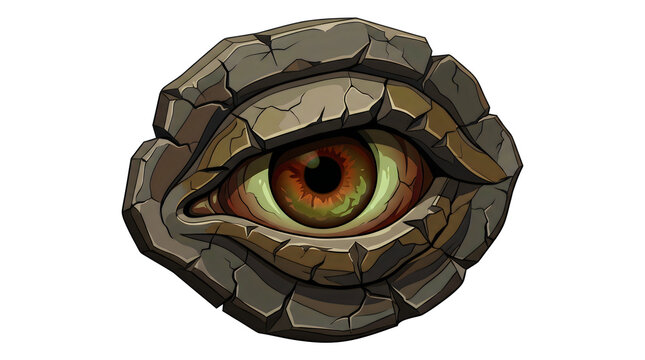 Magical stone eye set within cracked rock circular frame isolated for fantasy portal game mechanics and mysterious ancient quest item design elements.