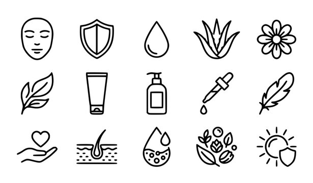 Natural Sensitive Skin Skincare Icon Collection with Organic Beauty Symbols