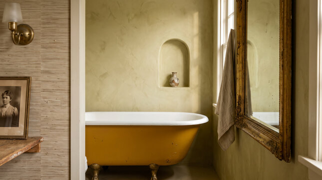 Serene, sunlit bathroom with mustard clawfoot bathtub and weathered plaster walls