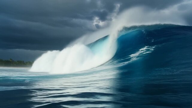 Dramatic natural disaster showing a powerful ocean wave swelling under an ominous overcast sky.