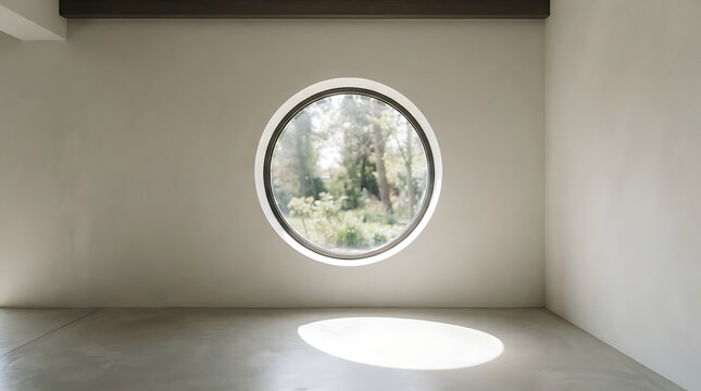 Sunlight streaming through a circular window into a minimalist empty room with concrete floors