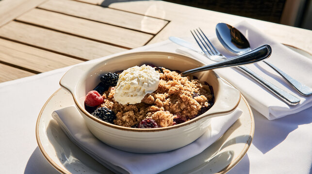Warm berry crumble dessert with fresh berries and a scoop of vanilla ice cream, enjoying outdoor dining in sunlight