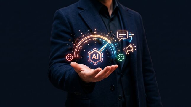 Hand holding glowing AI sentiment analysis icons
