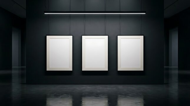 Three blank vertical frames on a dark gallery wall
