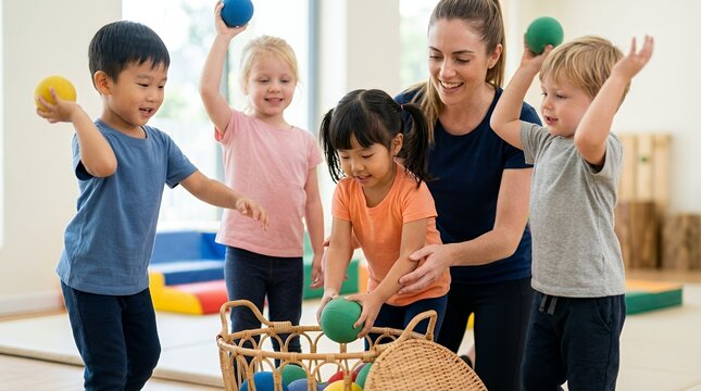 A cheerful teacher and diverse group of children playing with colorful balls in a bright preschool classroom.