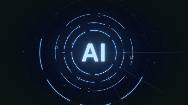 A futuristic, glowing neon blue graphic interface centered on the letters AI, surrounded by rotating circular data rings, navigational elements, and particles.