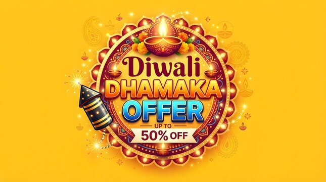Diwali dhamaka offer banner with decorative diya and firecracker