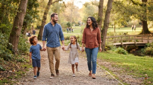A family of four walking together on a dirt path in a park, with trees and a wooden bridge in the background.