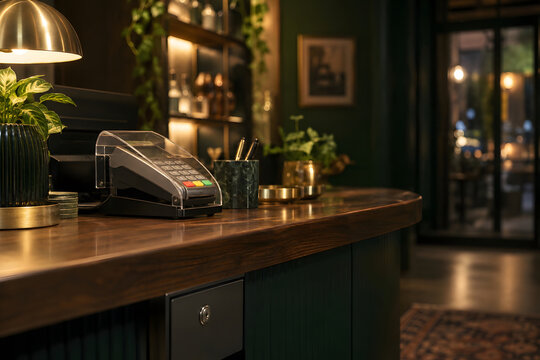 Card reader on dark wooden restaurant counter