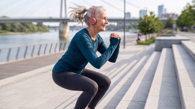 Active senior woman performing a squat exercise outdoors on city steps with headphones