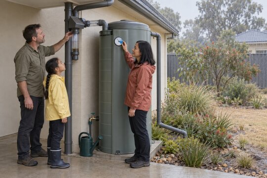 family checks a filtered rainwater harvesting system connected to a closed household tank, collecting roof runoff for garden irrigation during increasing water scarcity