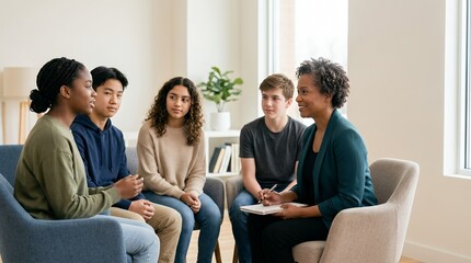 Fototapeta premium Diverse group of students sitting in a circle for a counseling session with a professional therapist.