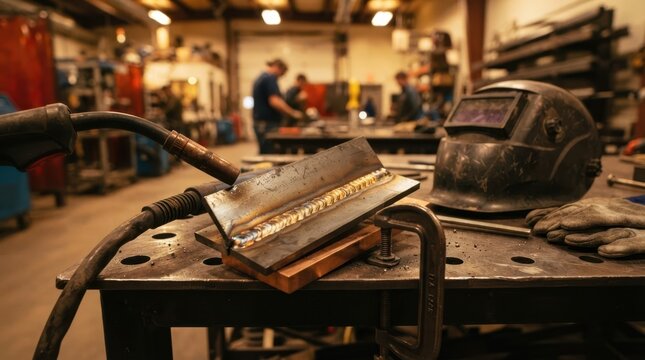 Skilled trades welding training close-up showing fresh weld beads on steel coupons with MIG torch, helmet, clamp and copper backing bar.