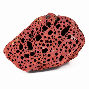 Distinctive laterite rock fragment with reddish ironrich porous surface isolated on white background