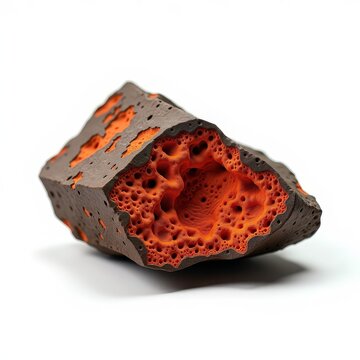 Distinctive laterite rock fragment with reddish ironrich porous surface on white background