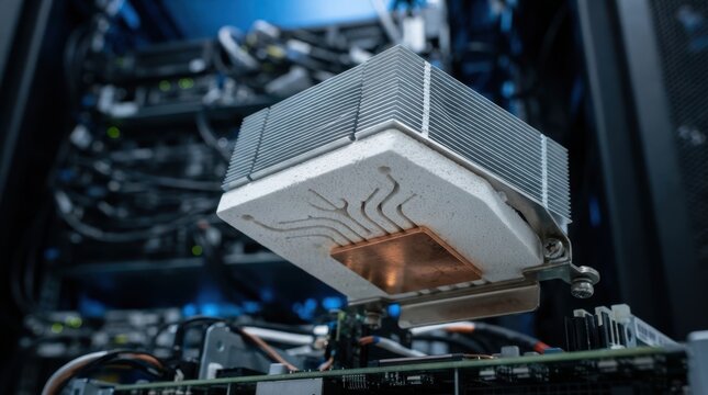 Ceramic heat sink with capillary channels and copper cold plate beside server cabinet illustrating electricity free datacenter cooling