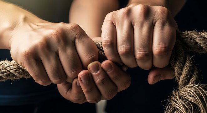 Close-up of hands gripping a thick rope in a intense tug of war competition, symbolizing teamwork and effort