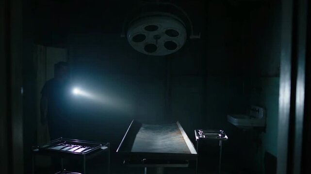 Abandoned operating room in dark hospital for horror halloween cinematic medical interior concept background