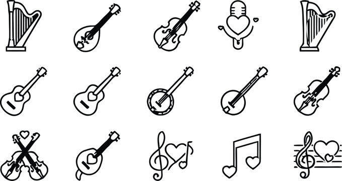 Vector line icon set of romantic music instruments classical harp mandolin  microphone acoustic guitar banjo crossed violins musical notes treble clef dashboard widgets UI design templates symbols.