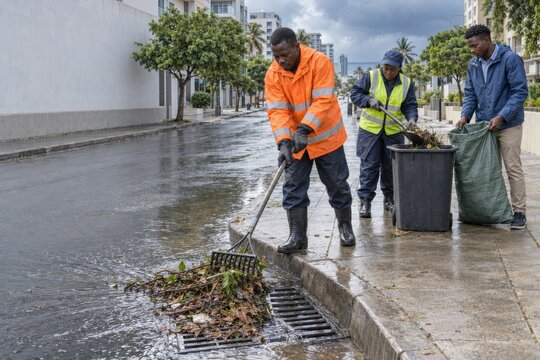 residents and municipal workers remove branches and debris blocking a storm drain, helping prevent renewed street flooding before another heavy rain in a coastal city