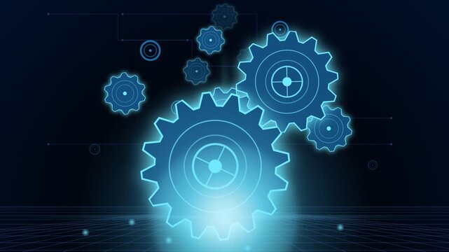 Glowing blue mechanical gears float above a dark wireframe grid, connected by thin lines in a technical schematic illustration.