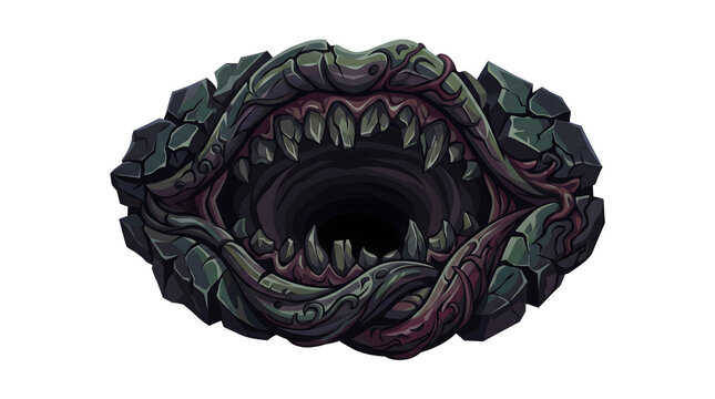 Monstrous stone maw with sharp teeth and dark cavernous interior in dark green and purple tones for fantasy horror concept.